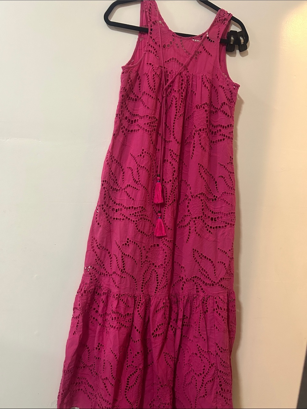 Maeve Fuchsia Eyelet Maxi Dress with Tassel Tie